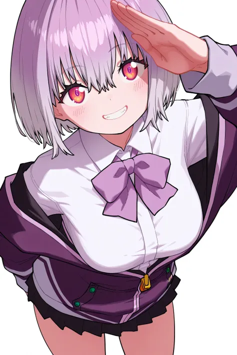 kmj-anonstyle, [artist:yoneyama mai], [artist: ekrea_jan], masterpiece,best quality,amazing quality, 748cmstyle, solo, eye focus, gridman universe, ssss.gridman, shinjou akane, 1girl, grin, hair between eyes, light blush, looking at viewer, purple bow, pur...