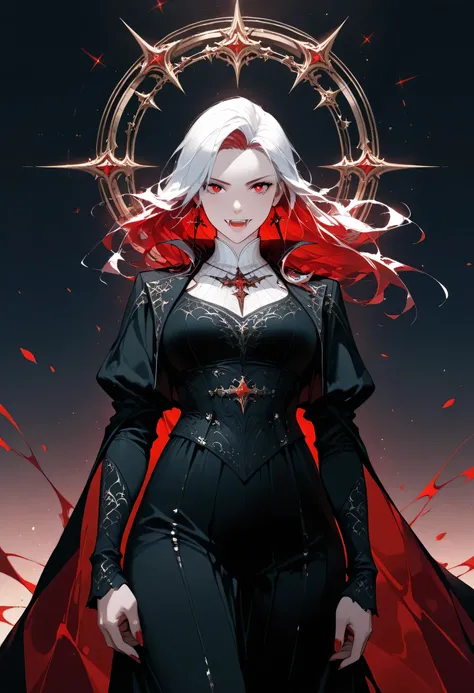 a wide shot picture of a young female vampire looking into the infinite stars in the night sky the stars are reflected in her eyes, a beautiful mature female vampire, dynamic hair color, dynamic skin complexion, wearing dynamic dress, looking into the star...
