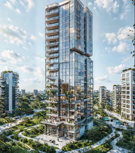 realistic apartment building, by Norman Zaha and Hadid, roads, people, neat, park, people walking, plaza, blue sky. White building and glass