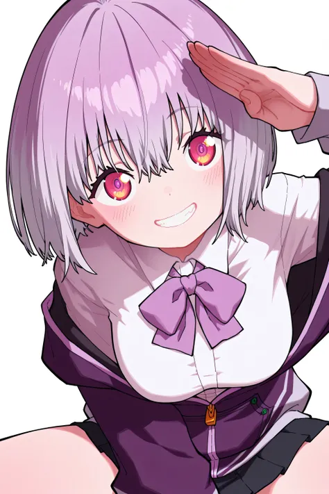 kmj-anonstyle, [artist:yoneyama mai], [artist: ekrea_jan], masterpiece,best quality,amazing quality, 748cmstyle, solo, eye focus, gridman universe, ssss.gridman, shinjou akane, 1girl, grin, hair between eyes, light blush, looking at viewer, purple bow, pur...