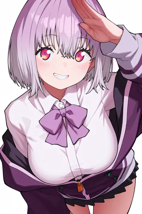 kmj-anonstyle, [artist:yoneyama mai], [artist: ekrea_jan], masterpiece,best quality,amazing quality, 748cmstyle, solo, eye focus, gridman universe, ssss.gridman, shinjou akane, 1girl, grin, hair between eyes, light blush, looking at viewer, purple bow, pur...