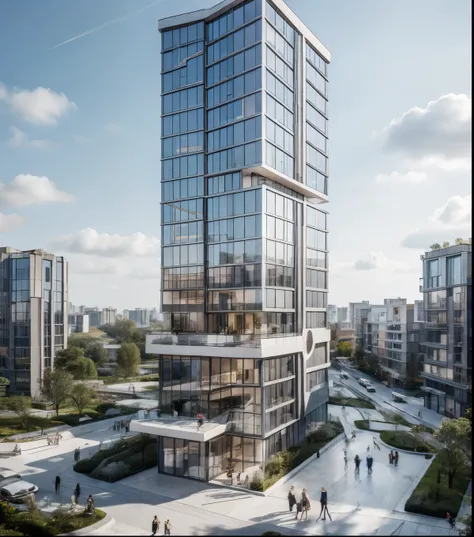 Realistic apartment building render, glazed, cloudy sky,