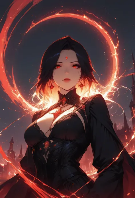 a picture of a young female vampire as she is looking into the infinite stars in the night sky the stars are reflected in her eyes, a beautiful mature female vampire, dynamic hair color, dynamic skin complexion, wearing dynamic dress, looking into the star...