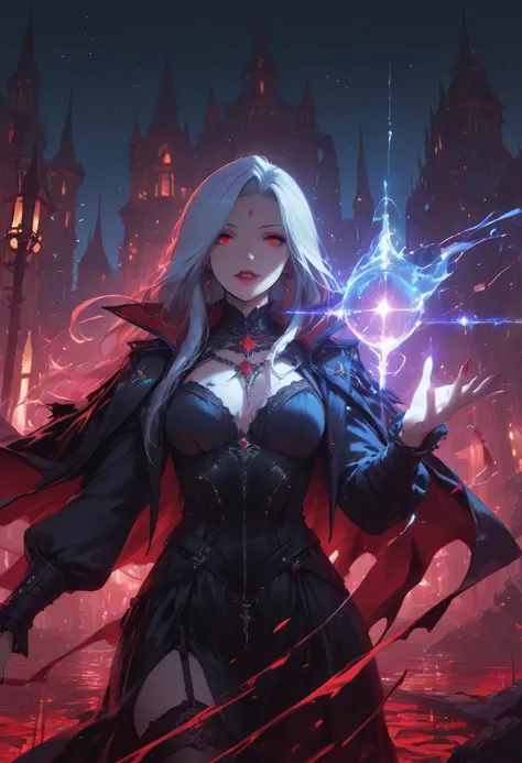 a picture of a young female vampire as she is looking into the infinite stars in the night sky the stars are reflected in her eyes, a beautiful mature female vampire, dynamic hair color, dynamic skin complexion, wearing dynamic dress, looking into the star...