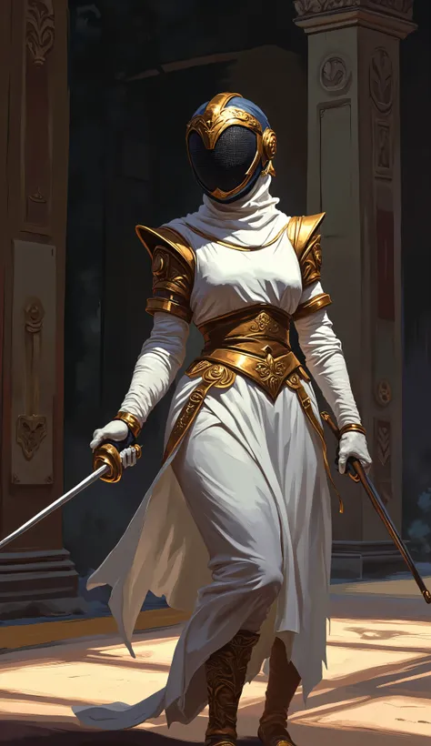 long shot,full body view, athena goddess of sport the fencing, she is fencer, looks like greek goddness Athena, holding (épée), ((wearing greek warior helmet which is combined with fencing mask), ((wearing ancient greek goddness outfit)),(greek golden orn...