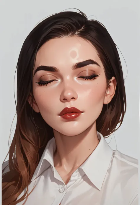 simple background, perfect face, slick back hair, black straight hair, thin eyebrows, black eyebrows, (closed eyes), thick lipstick, beautiful woman, white shirt collar johnny