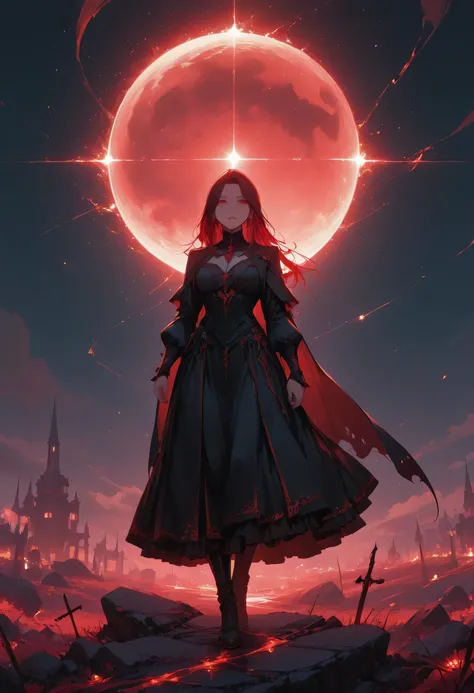 a picture of a young female vampire as she is looking into the infinite stars in the night sky the stars are reflected in her eyes, a beautiful mature female vampire, dynamic hair color, dynamic skin complexion, wearing dynamic dress, looking into the star...