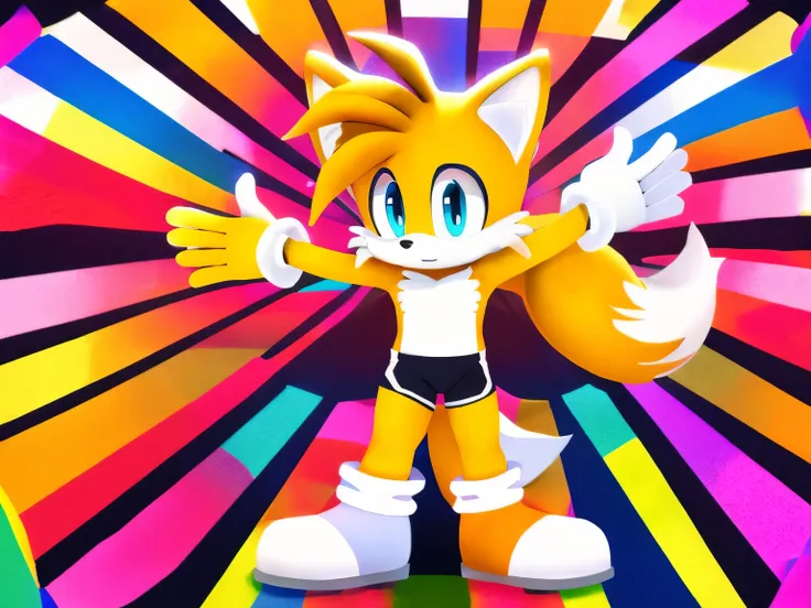 colorful background, beautiful,  Very high quality , fox boy, tails , Thick hair, detailed body,  shirtless , T-POSE shorts 