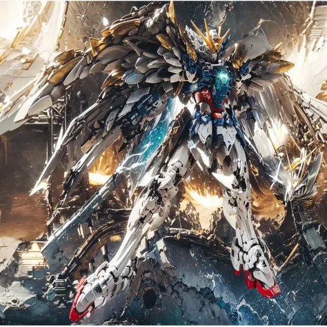)4-wing Gundam Zero,Humanoid Form、(solo:1.5 ), Large robot with wings and halo , mecha wings ,Maxi Kit, full body, (( Highly Detailed CG Integration ), (( Super Real , Dynamic action poses and vivid 3D )),( Super Detailなアート),( Great Artistic Expression ,...