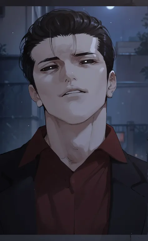 1male,solo,Gun Park,black hair,Long hair,slicked back,black eyes,black suit,crimson shirt,night,alley,