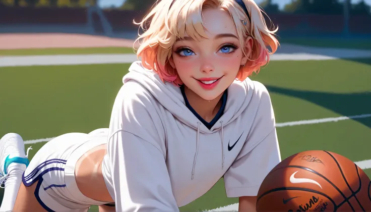 hyperrealistic, detailed face, toned blonde femboy, blue eyes, slim, male, feminine touch, blond open short hair, tanned, slight tan lines, lipgloss, happy but exhausted, panting, sweaty, flat chest, seductively smiling at the viewer, oversized white hoodi...