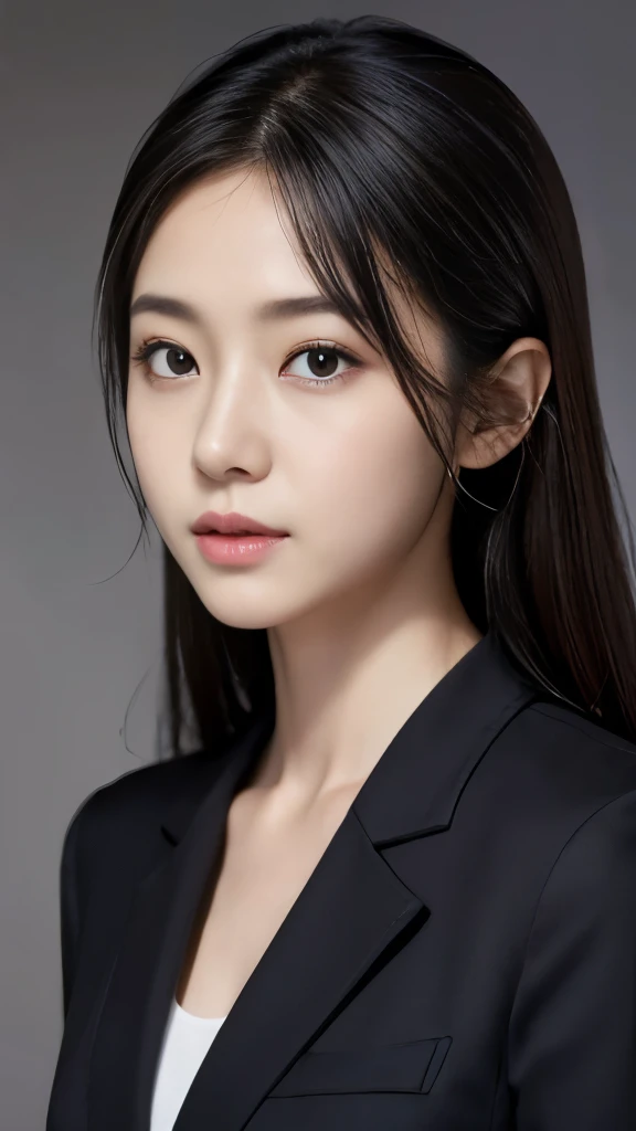 (Highly detailed CG Unity 8K wallpaper, highest quality, super detailed, look at the camera:1.2, 、 gray background, professional lighting), 26-year-old Japanese female, 、. She has an oval face, soft arched eyebrows, bright expressive eyes, a well-defined n...