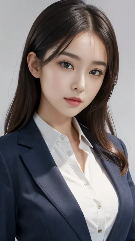(Highly detailed CG Unity 8K wallpaper, highest quality, super detailed, look at the camera:1.2, 、 gray background, professional lighting), 26-year-old Japanese female, 、. She has an oval face, soft arched eyebrows, bright expressive eyes, a well-defined n...