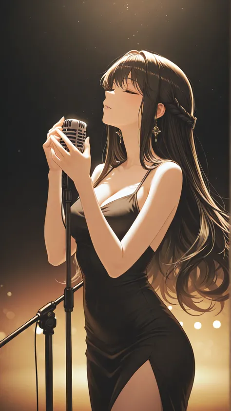 A stunning woman with elegant features and a calm, captivating presence stands alone on a softly lit stage. She wears a sleek black one-piece dress that hugs her figure with sophistication. Holding a vintage microphone stand with both hands, she sings with...