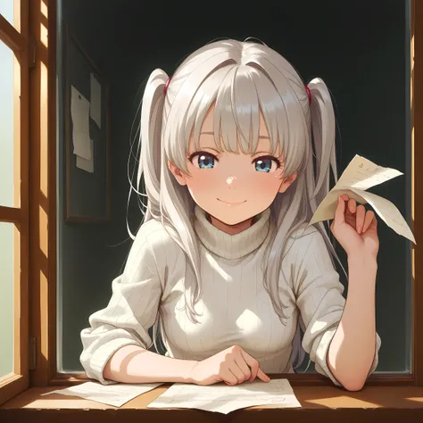 1 girl, (front view:1.9), (A person leaning on a window:1.3), (left arm resting on the window frame:1.5), (right hand lifting up a paper,:1.6), gazing directly at the viewer, petite body, slender figure, small breasts, small frame, innocent smile, bright b...
