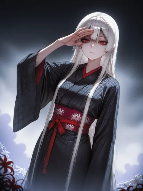 1 girl, (solo:1.2), ( horror \(theme\):1.1),
white hair, very long hair, long eyelashes, Red Eyes, mysterious, red ribbon, low side lock,
Japanese Clothes, (silky kimono:1.1), (Black silk kimono:1.3), (spider Lily print kimono:1.1), long sleeve, (Sleeves ...