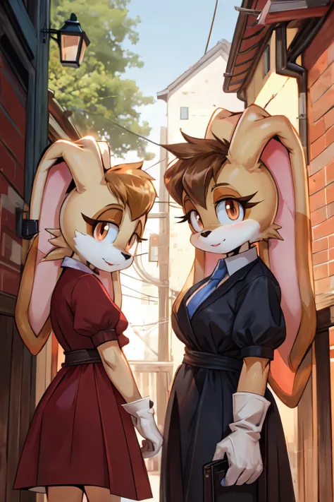 masterpiece, best quality, high quality, perfect hands, beautiful detailed eyes, furry, furry female, vanilla the rabbit with her daughter, rabbit girl, animal nose, animal ears, brown fur, light brown hair, duo, furry girl in orange dress hiding behind he...