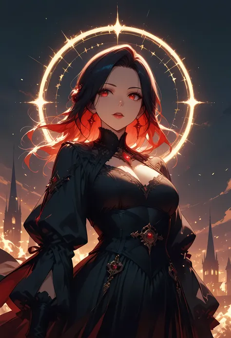 a picture of a young female vampire as she is looking into the infinite stars in the night sky the stars are reflected in her eyes, a beautiful mature female vampire, dynamic hair color, dynamic skin complexion, wearing dynamic dress, looking into the star...
