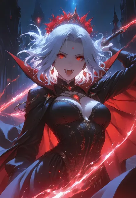 a picture of a young female vampire as she is looking into the infinite stars in the night sky the stars are reflected in her eyes, a beautiful mature female vampire, dynamic hair color, dynamic skin complexion, wearing dynamic dress, looking into the star...