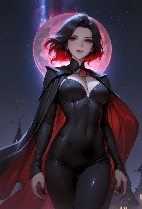 a picture of a young female vampire as she is looking into the infinite stars in the night sky the stars are reflected in her eyes, a beautiful mature female vampire, dynamic hair color, dynamic skin complexion, wearing dynamic dress, looking into the star...