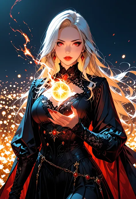 a picture of a young female vampire as she is looking into the infinite stars in the night sky the stars are reflected in her eyes, a beautiful mature female vampire, dynamic hair color, dynamic skin complexion, wearing dynamic dress, looking into the star...