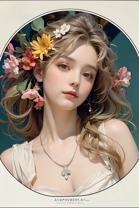 (Oil painting of a woman like a flower goddess), rough, unpolished touch, impressive portrait, (Calm, gentle, girlish smile), (Almost straight, medium-long silver-gray blonde hair), (Close-up), glossy lips, (Simple, urban shirt in spring colors), (Slim fig...