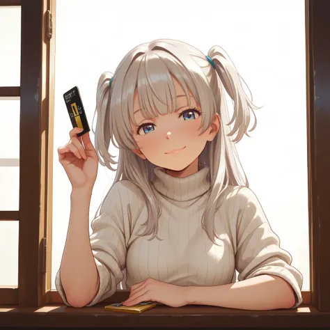 1 girl, (front view:1.9), (A person leaning on a window:1.3), (left arm resting on the window frame:1.5), (right hand lifting up a Credit card,:1.6), gazing directly at the viewer, petite body, slender figure, small breasts, small frame, innocent smile, br...