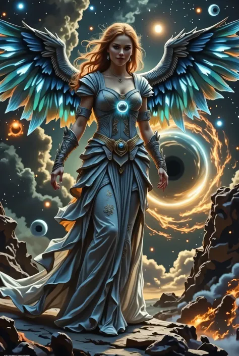 . A gorgeous, caramel skin nubile goddess with a tall voluptuous  physique, adorned in a see thru, tightly wound embroidered gray gown with sacred equations and esoteric symbols woven in shimmering gold and silver thread, her diaphanous gown draping elegan...