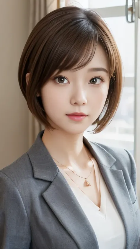 Neat and young woman、looking at camera、office lady suit、gray jacket、shirt、necklace、hairstyle shortcuts、耳にピアス、ネックレス、 pale brown hair、upper body、The background is room cleaning