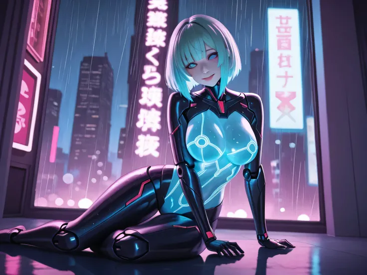 Motoko Kusanagi sitting at the edge of a skyscraper rooftop at night, legs dangling, head tilted slightly, larger bust, suggestive relaxed pose, beautiful soft smile, deep violet eyes shining in neon reflections, rain falling around her, droplets on her sl...