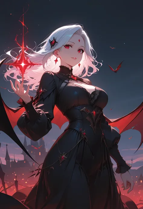 a picture of a young female vampire as she is looking into the infinite stars in the night sky the stars are reflected in her eyes, a beautiful mature female vampire, dynamic hair color, dynamic skin complexion, wearing dynamic dress, looking into the star...