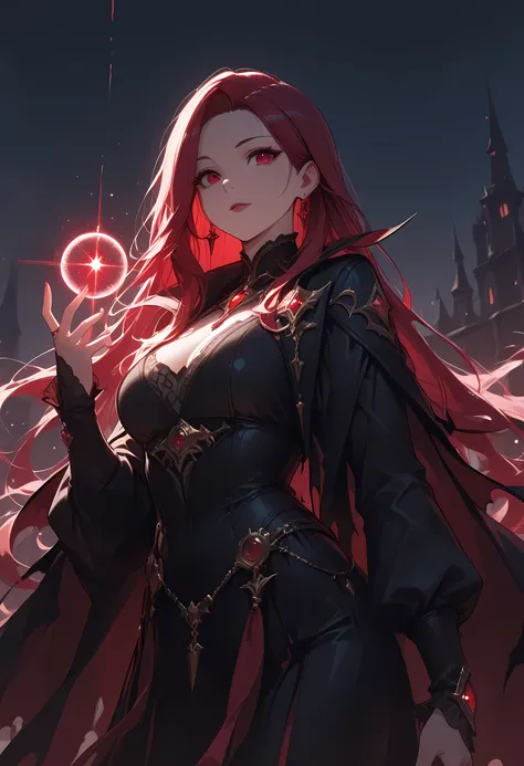 a picture of a young female vampire as she is looking into the infinite stars in the night sky the stars are reflected in her eyes, a beautiful mature female vampire, dynamic hair color, dynamic skin complexion, wearing dynamic dress, looking into the star...