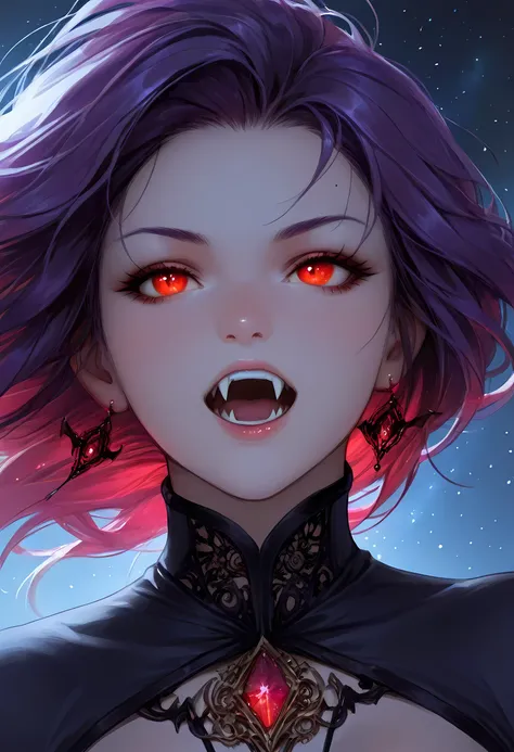 a portrait of a young female vampire gazing into the infinite stars in the night sky the stars are reflected in her eyes, a beautiful mature female vampire, dynamic hair color, dynamic skin complexion, wearing dynamic dress, looking into the stars, the sta...