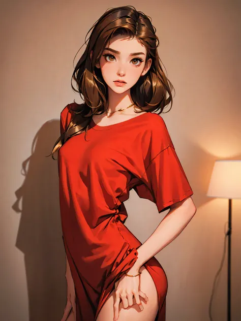20 year old model, (only 1 girl), beautiful, brown hair, (shoulder length hair), , short glossy hair, hazel eyes, beautiful figure, beautiful long legs, , top quality, highest quality, pin-up style, red shirt, , dark makeup, small breasts, skinny, slend...