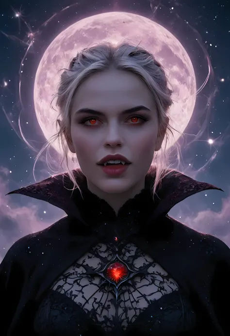 a portrait of a young female vampire gazing into the infinite stars in the night sky the stars are reflected in her eyes, a beautiful mature female vampire, dynamic hair color, dynamic skin complexion, wearing dynamic dress, looking into the stars, the sta...