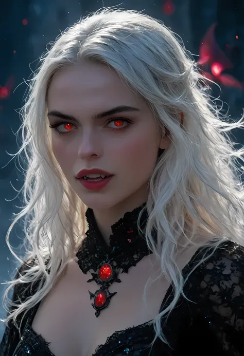 a portrait of a young female vampire gazing into the infinite stars in the night sky the stars are reflected in her eyes, a beautiful mature female vampire, dynamic hair color, dynamic skin complexion, wearing dynamic dress, looking into the stars, the sta...
