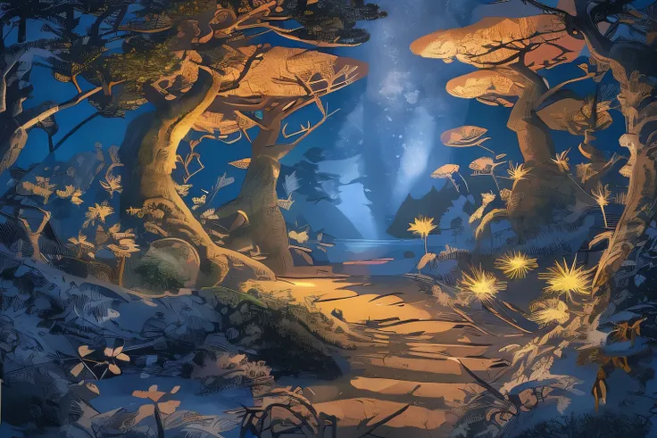 Detailed illustrations for puzzles、Mysterious forest at dusk、Glowing Plants、Unique bioluminescent creatures、Intricate Details、 Soft Ambient Lighting、fantasy art style
