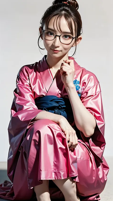 ((Highest Quality、masterpiece、high sensitivity、high resolution、detailed explanation、delicate facial depiction、８Ｋ)),((slender woman、wears glasses)),yukata、squats、