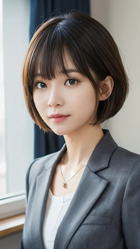 Neat and young woman、looking at camera、office lady suit、gray jacket、shirt、necklace、hairstyle shortcuts、耳にピアス、ネックレス、 黒髪、upper body、The background is room cleaning