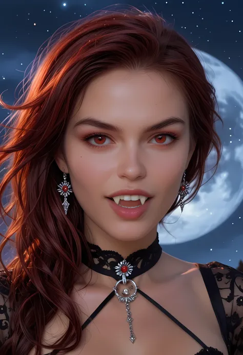 a portrait of a young female vampire gazing into the infinite stars in the night sky the stars are reflected in her eyes, a beautiful mature female vampire, dynamic hair color, dynamic skin complexion, wearing dynamic dress, looking into the stars, the sta...
