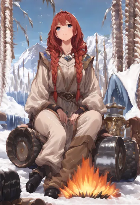fantasy art, photorealistic, D&D art, larry elmore style, a picture of a female monk sitting cross-legged and meditating on a snowy mountain, on top of a snowy mountain there is a human woman monk wearing monk garbs, meditating near a bonfire (best details...