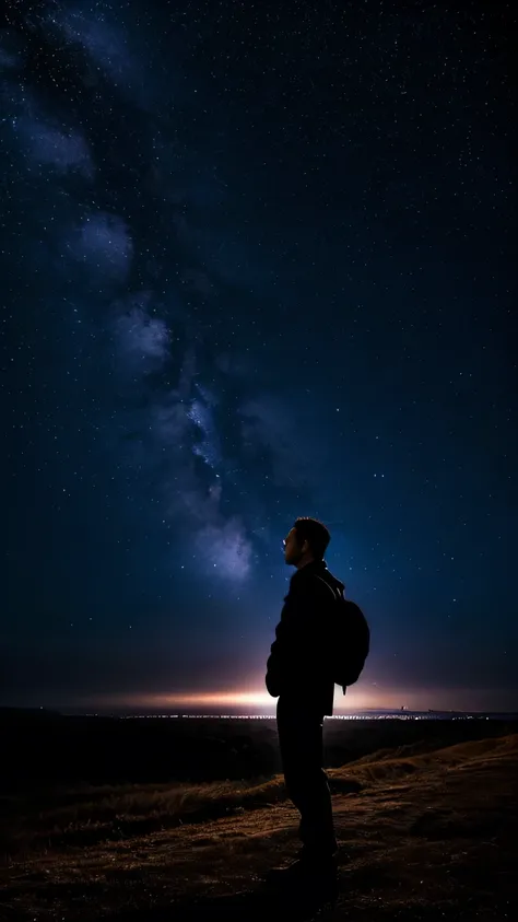 man standing alone under a starry sky。fantastic night sky based on purple and blue、quiet and emotional expression。pensive attitude、sad atmosphere of a man lost in love。Vertical（9:16）composition、soft light and blurry background。