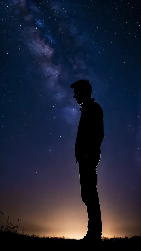 man standing alone under a starry sky。fantastic night sky based on purple and blue、quiet and emotional expression。pensive attitude、sad atmosphere of a man lost in love。Vertical（9:16）composition、soft light and blurry background。
