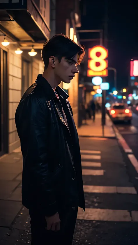 A realistic-style illustration of a young man standing alone in a quiet corner of a city at night.
He looks tired and thoughtful, with a slightly downcast expression.
Soft neon lights in purple and navy tones illuminate the scene.
Cinematic compositi...