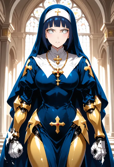 score_9,score_8_up,score_7_up,solo,looking at viewer, Hyūga_Hinata's/Boruto, White Eyes, short hair,bangs,shirt,Dark Blue hair,(Old West), a Nun in black (the secret underground bar,What are the stories of debauchery and extravagance Passionate lustfull, W...