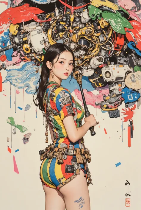 futuristic style An idol girl holding an umbrella from the near future and looking back at the audience while smiling、Raindrops reflect sunlight、Many rainbow-colored umbrellas that dance wildly、Create a Very Old Picture, A beautiful umbrella full of gimmic...