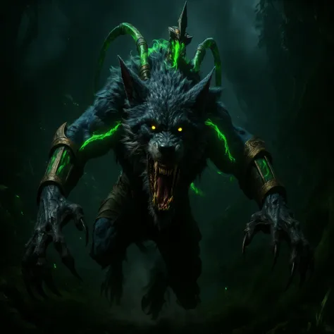 Create an ultra-realistic, photorealistic live-action cinematic depiction of Warwick from League of Legends, caught mid-leap during his ultimate ability. He is a monstrous, feral werewolf with blue-gray fur, glowing yellow eyes filled with rage, and massiv...