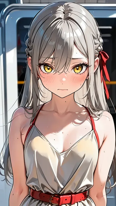 8K (high resolution) (Super Detail) (masterpiece) (Highest Quality) detailed eyes detailed face detailed hands Delicate hair detailed wrinkles on clothes very elaborate body fine skin (solo) early yellow eyes (Grey Hair) long hair red ribbon on the side ...