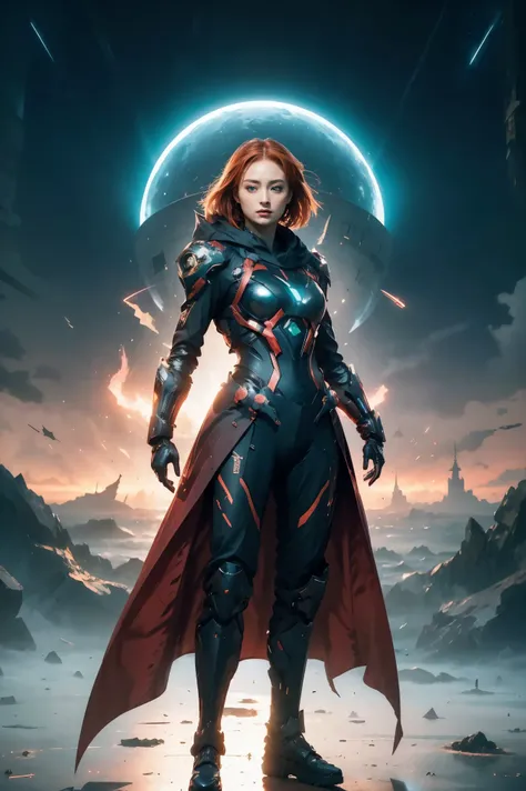 (alone) inconceivable and spectacular an emergency scene of a cloud figure Sophie Turner in a universe cloud, フラクタル星雲鎖, universe,universe船, Vibrant Presence, , unrealistic, high contrast, Symbolism, Mechanical Parts,Weaponized Battle Suit、 illumination, S...