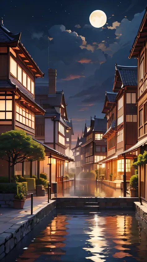 A stylized illustration of a night scene in a Japanese-inspired city. A network of buildings with traditional architecture, featuring multiple stories, are arranged in a narrow street, showcasing a perspective that looks down on the scene. The buildings ...
